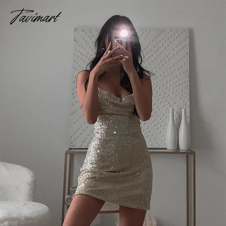 Tavimart Women’s Silver Sequined Backless Mini Dress Deep V Neck Off Shoulder Sexy Strap Dresses