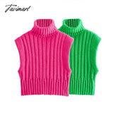 Tavimart Women’s Turtleneck Knitted Sweater Vests Female Retro Sleeveless Cropped Vest Autumn