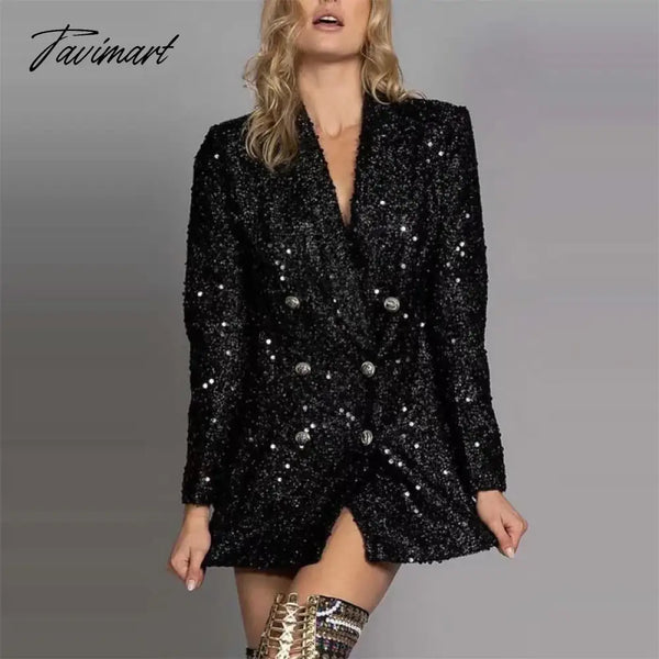 Tavimart Women Sequin Double - Breasted Commuting Office Suit Jacket New Autumn Winter Slim Long