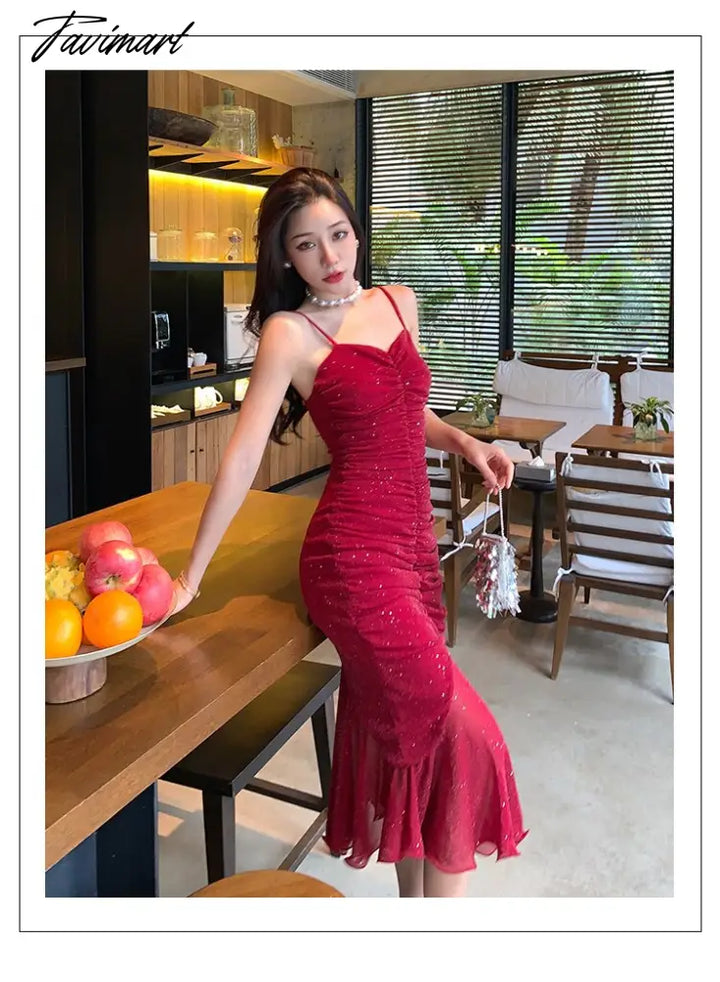 Tavimart Women Sexy Spaghetti Strap Sleeveless Red Dress Female Backless Mermaid Midi Dresses