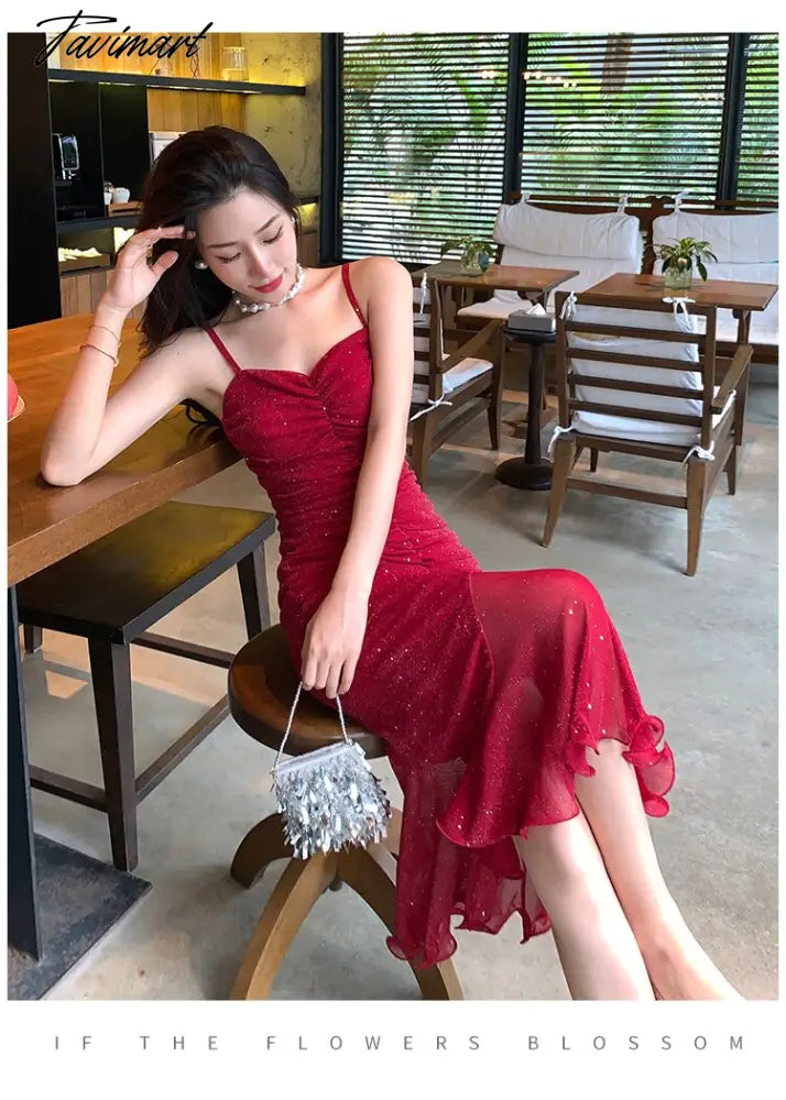 Tavimart Women Sexy Spaghetti Strap Sleeveless Red Dress Female Backless Mermaid Midi Dresses