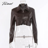 Tavimart Women Short Jacket Pu Faux Leather Turn Down Collar Zipper Jackets Long Sleeves Solid