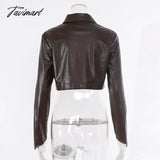 Tavimart Women Short Jacket Pu Faux Leather Turn Down Collar Zipper Jackets Long Sleeves Solid