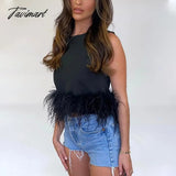 Tavimart Women Sleeveless Crop Top Feathers Black Off Shoulder Summer White Cami Y2K Sexy Tank Tops