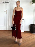 Tavimart - Women Solid Pleated Slim Sling Maxi Dress Fashion Backless Sleeveless Long Robes Sexy