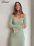 Tavimart Women Square Collar Split Knitted Maxi Dresses Long Sleeve Off Shoulder Slim Vestidos