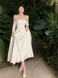 Tavimart Women Summer Elegant Satin Silky Off Shoulder Slim White Cocktail Dress Lady Party Maxi