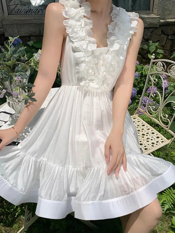 Tavimart Women Summer Ruffle Backless White Party Dress Female A - Line Lace Up Elegant Sleeveless