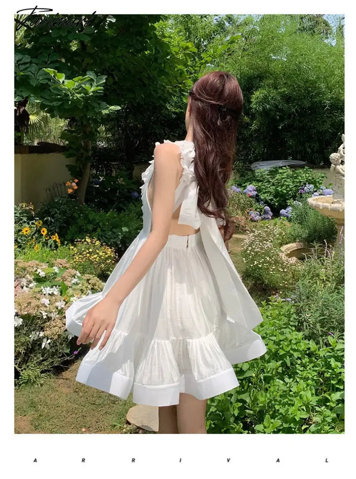Tavimart Women Summer Ruffle Backless White Party Dress Female A - Line Lace Up Elegant Sleeveless