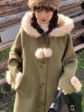 Tavimart - Women Sweet Green Faux Fur Patchwork Wool Coats Japanese Cute Hooded Single Breasted