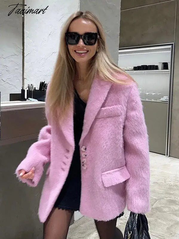 Tavimart Women Sweety Pink Lapel Wool Jackets Long Sleeve Single Breasted Pockets Coat Autumn