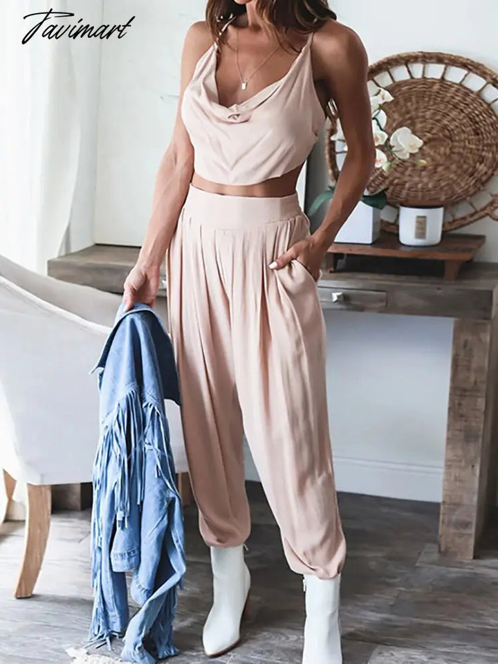 Tavimart Women Tank Tops Summer Casual Pants Suit Loose Long Trousers Solid Two Piece Set For Femme