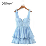 Tavimart Women Tie Shoulder Moulded Cups Mini Dress With Tiered Skirt Blue / S