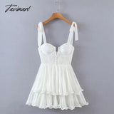 Tavimart Women Tie Shoulder Moulded Cups Mini Dress With Tiered Skirt White / S