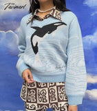 Tavimart Women V Neck Knitted Jumper With Dolphin Print