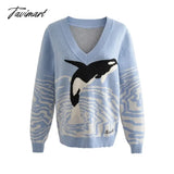 Tavimart Women V Neck Knitted Jumper With Dolphin Print Blue / S