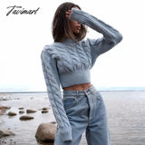 Tavimart Women Vintage Chunky Cable Knit Crop Jumper Crew Neck Cropped Top