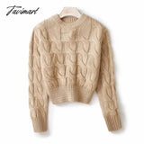 Tavimart Women Vintage Chunky Cable Knit Crop Jumper Crew Neck Cropped Top Beige / One Size