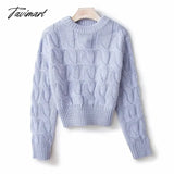 Tavimart Women Vintage Chunky Cable Knit Crop Jumper Crew Neck Cropped Top Blue / One Size