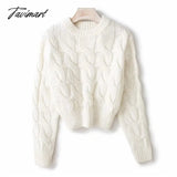 Tavimart Women Vintage Chunky Cable Knit Crop Jumper Crew Neck Cropped Top White / One Size