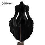 Tavimart Women Vintage Lace Victorian Dress Long Flare Sleeve Gothic Tail Pleated Hollow Out