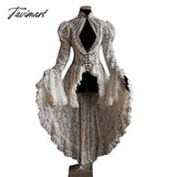 Tavimart Women Vintage Lace Victorian Dress Long Flare Sleeve Gothic Tail Pleated Hollow Out