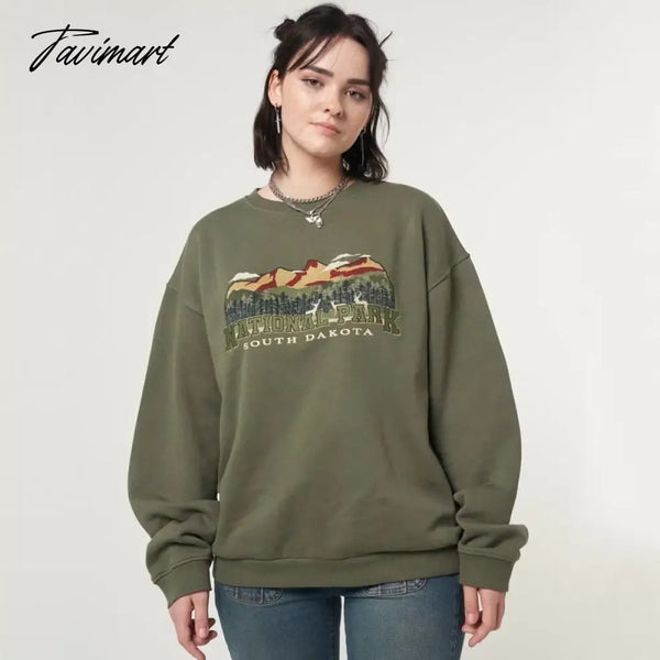 Tavimart Women Vintage National Park Embroidery Relaxed Sweatshirt In Olive Green