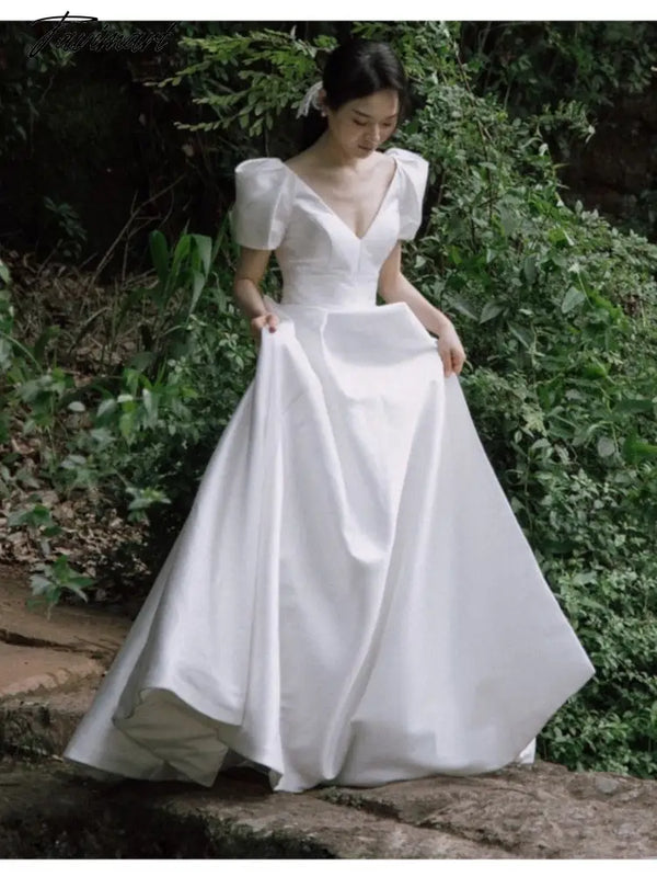 Tavimart Women White V - Neck Simple High Waist Wedding Dress Female Satin Puff Sleeve Elegant Prom