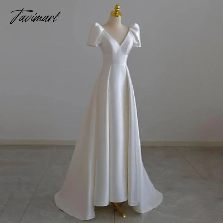 Tavimart Women White V - Neck Simple High Waist Wedding Dress Female Satin Puff Sleeve Elegant Prom