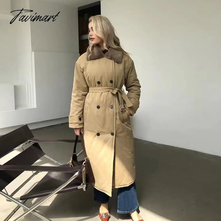 Tavimart Women Winter Stylish Thick Warm Fur Collar Long Parka Runway Designer Long Coat Female