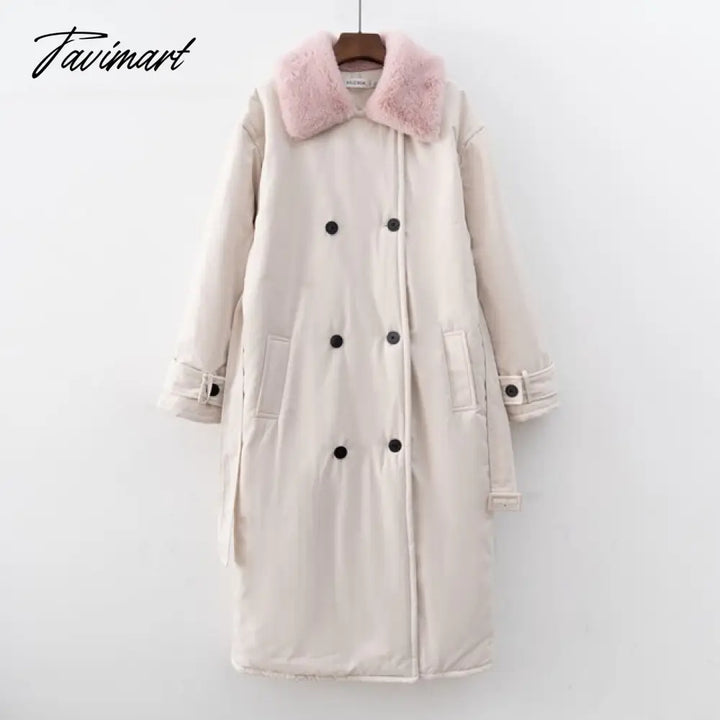 Tavimart Women Winter Stylish Thick Warm Fur Collar Long Parka Runway Designer Long Coat Female