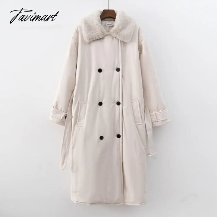 Tavimart Women Winter Stylish Thick Warm Fur Collar Long Parka Runway Designer Long Coat Female