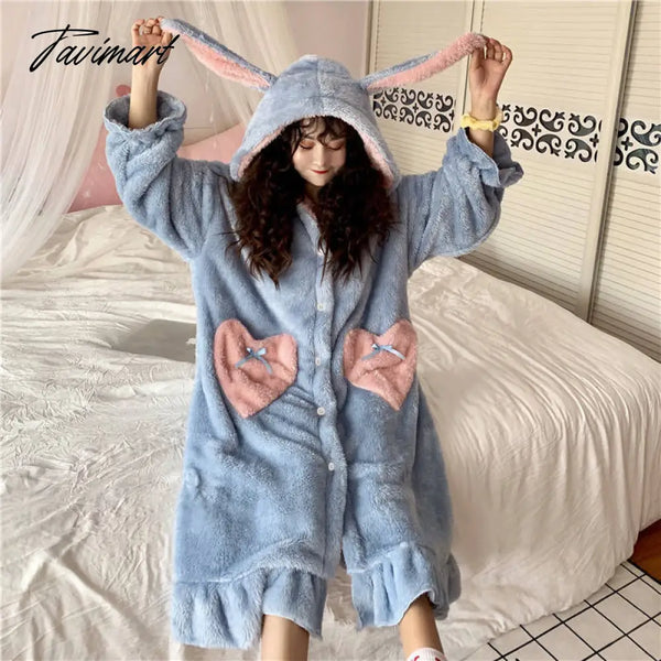 Tavimart Women Winter Thick Coral Velvet Kawaii Rabbit Ears Nightgowns Pocket Girls Homewear Korean