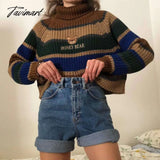 Tavimart Womens Striped Roll Neck Jumper Sweater With Embroidered Honey Bear Turtleneck Oversized