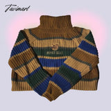 Tavimart Womens Striped Roll Neck Jumper Sweater With Embroidered Honey Bear Turtleneck Oversized
