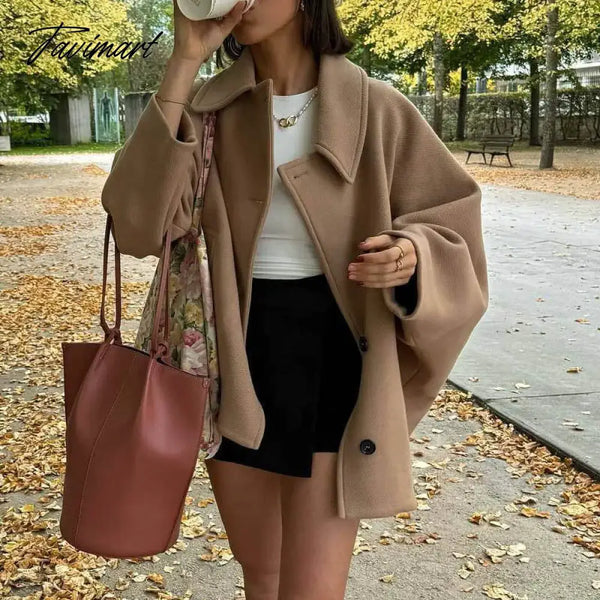 Tavimart Wool Blends Single Breasted Women Jacket Coats Long Sleeved Warm Coat Autumn Winter