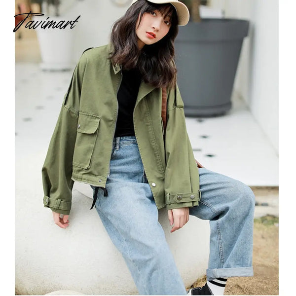 Tavimart Y Women Loose Short Coat Autumn Jacket Female Solid Korean Harajuku Zipper Tooling Single