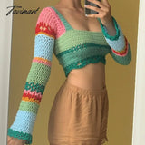 Tavimart Y2K Crochet Knit Crop Top Color Block Squared Neck Flared Sleeve Sweater Cottage Core