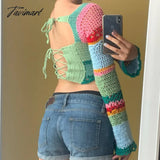 Tavimart Y2K Crochet Knit Crop Top Color Block Squared Neck Flared Sleeve Sweater Cottage Core