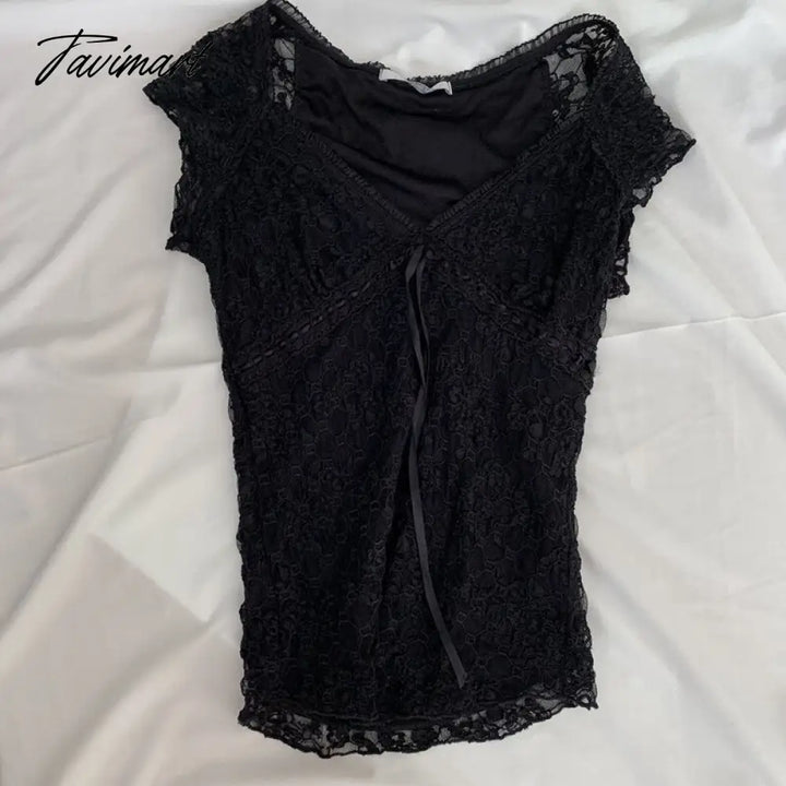 Tavimart Y2K Fairy Vintage Lace Black T - Shirt Cute Bow V Neck Slim Fit Crop Top Retro Aesthetic