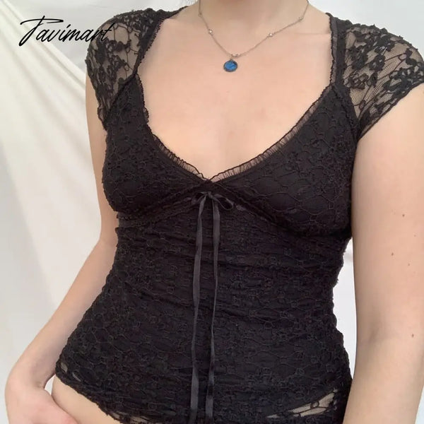 Tavimart Y2K Fairy Vintage Lace Black T - Shirt Cute Bow V Neck Slim Fit Crop Top Retro Aesthetic