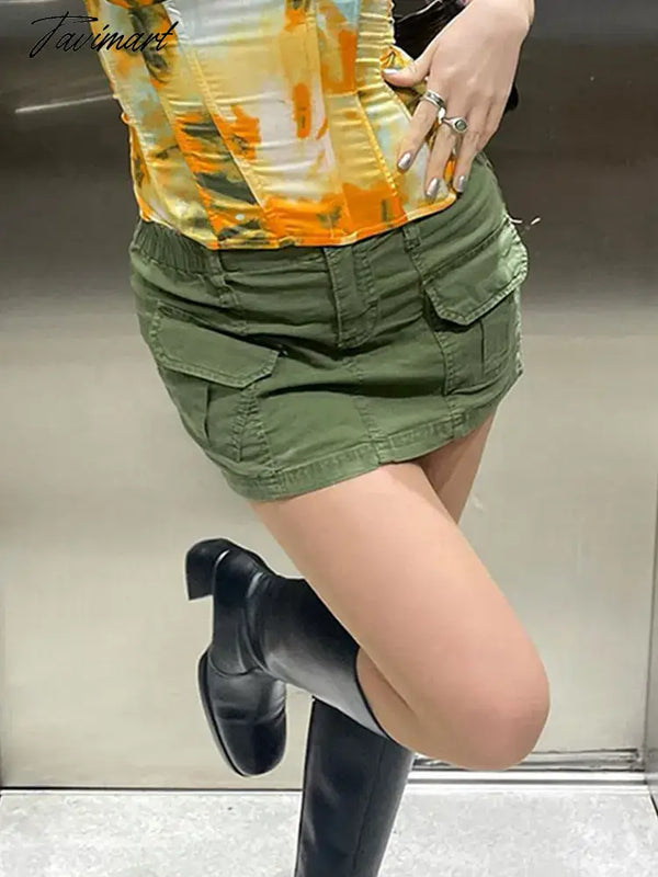 Tavimart Y2K High Street Cargo Skirts Green Vintage Clothes Women Skirt Glitters Pockets Rave