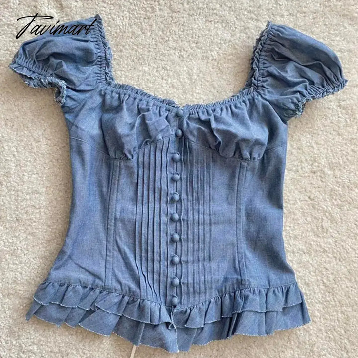 Tavimart Y2K Kawaii Milkmaid Crop Top Button Ruffles Trim Lace Up T - Shirt Women Retro Fairycore