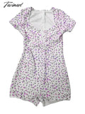 Tavimart Y2K Long Sleeve Bodysuit V Neck Bodycon Floral Print Shorts Stretchy Pajama Playsuit
