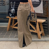 Tavimart Y2K Loose Cargo Skirts Slit Long Multi Pockets Green Low Waist Retro Old School Streetwear