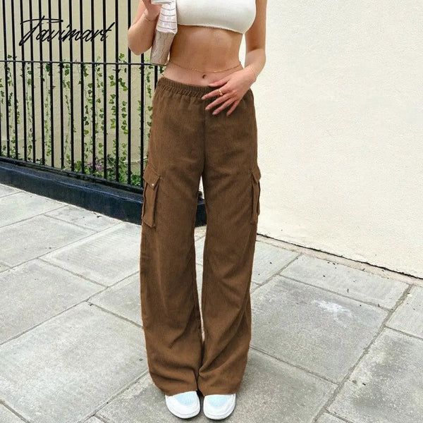 Tavimart Y2K Low Rise Pants With Utility Pocket Brown Corduroy Trousers Women Grunge Aesthetic