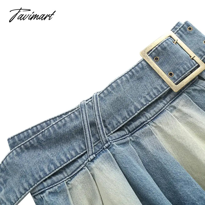 Tavimart - Y2K Pleated Jean Mini Skirt Women Low Waist Belt Short Dress Female Casual Street Denim