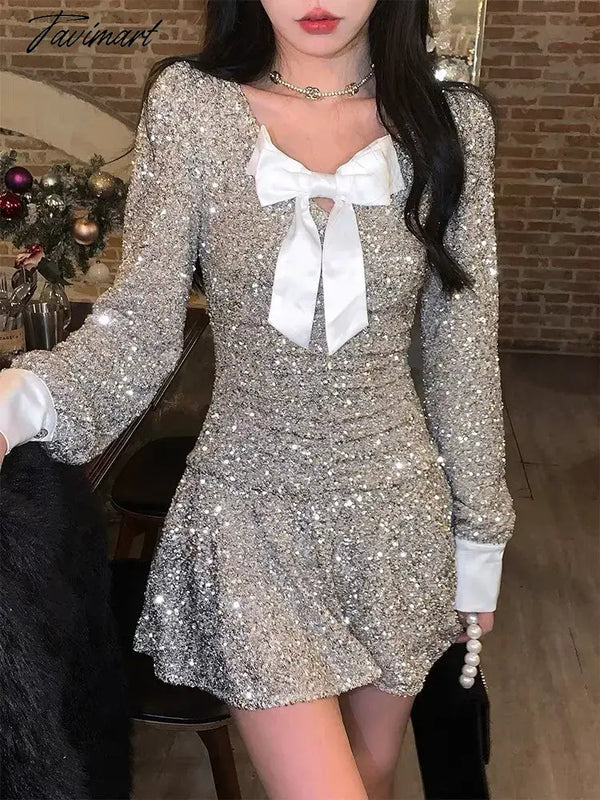 Tavimart Y2K Sequins Mini Dress Women Ecening Party Prom Vestidos Long Sleeve V - Neck Bow Design