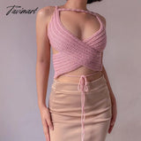 Tavimart Y2K Sexy V Neck Backless Knitted Crop Top Women Summer Sleeveless Bandage Off Shoulder