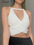 Tavimart Y2K Sexy V Neck Backless Knitted Crop Top Women Summer Sleeveless Bandage Off Shoulder